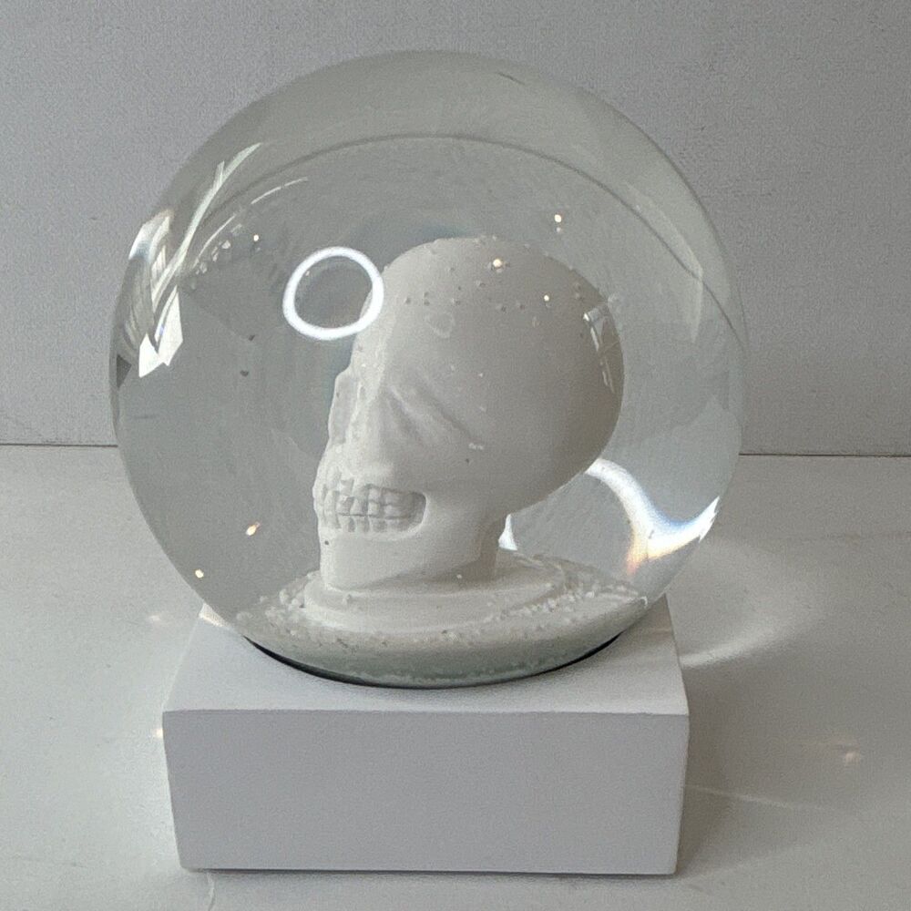 CB2 Skull White Snow Globe Halloween Gothic Skeleton Glitter Snowglobe 409-984 - Picture 2 of 14